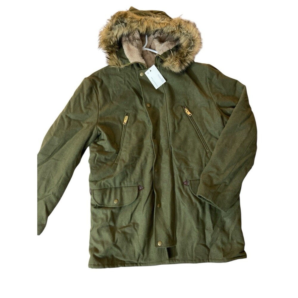 GANT Rugger Winter Parka Jacket XXL Hunter Green Wool‎ Blend Faux Fur Hood